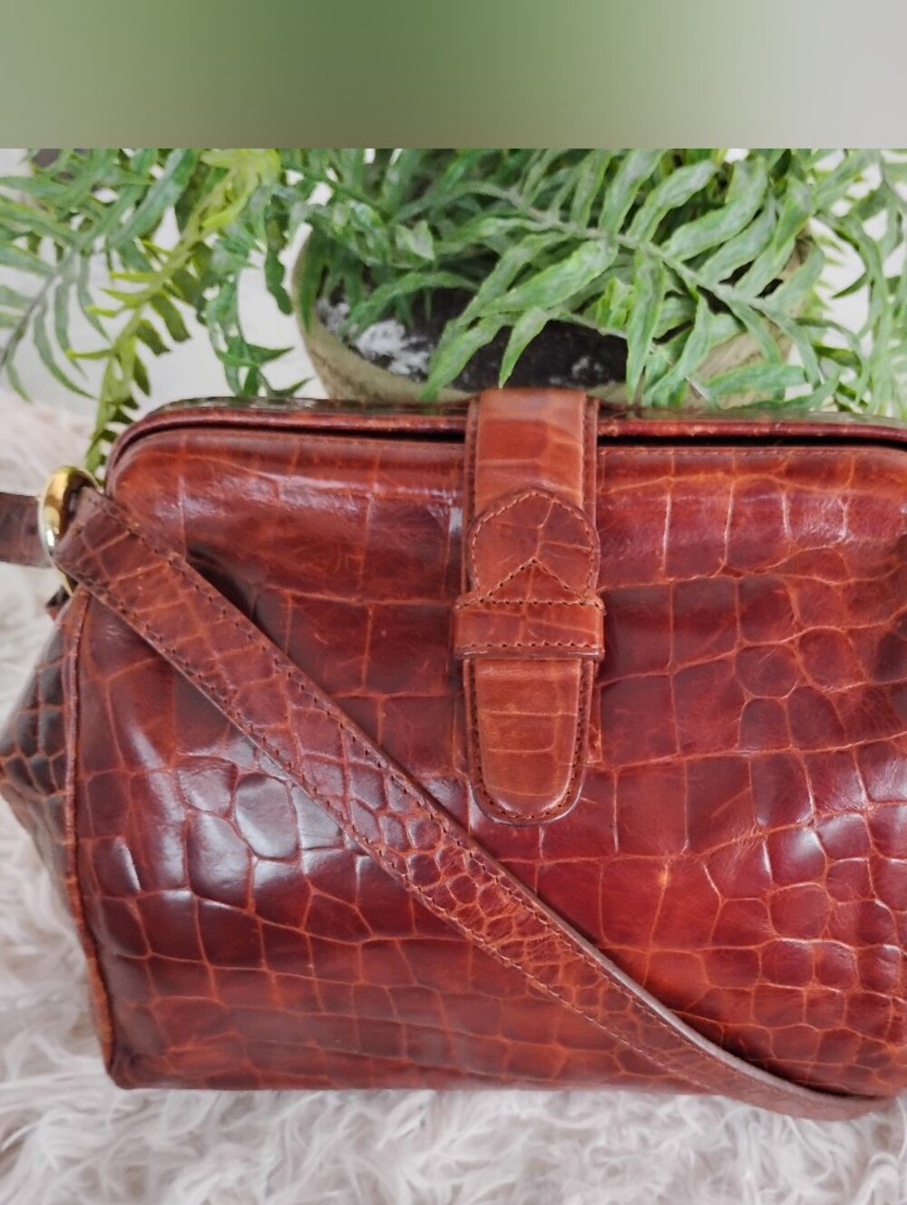 Brown Croc-Embossed Leather  Crossbody Bag